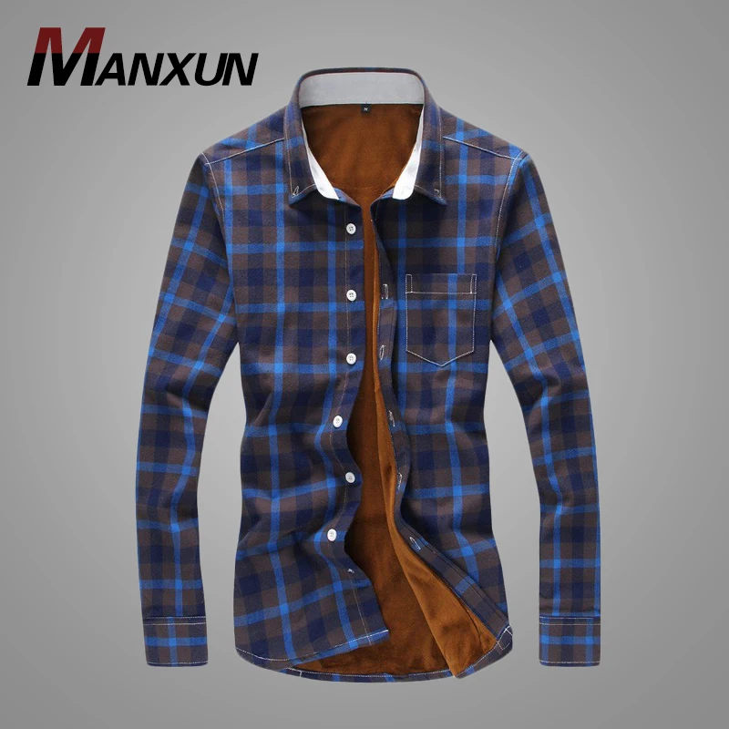 2018 High Quality Casual Mens Winter Thickening Cotton Shirt Mens Button Up Plaid Shirt