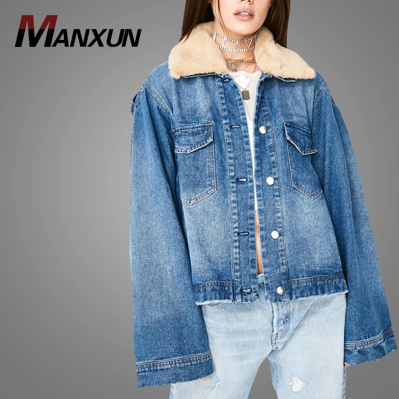 High Quality Oversized Design Wash Denim Ladies Jacket Winter Faux Fur Collar Women Jacket