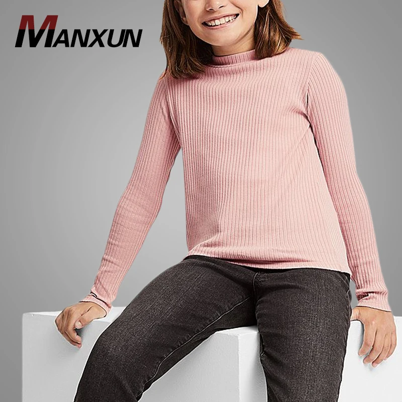 Wholesale Girls Ribbed High-neck Spring and Autumn Sweatshirt Cute Pink Sweater for Girls