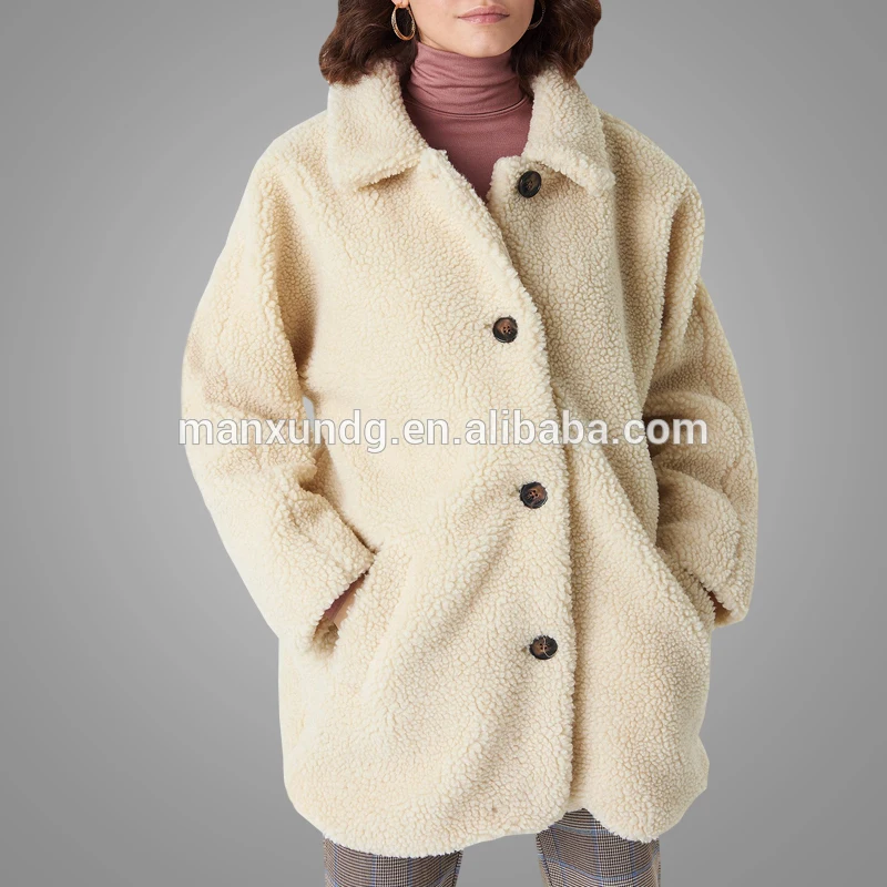 OEM Factory Winter Jacket Design Women White Teddy Faux Fur Jacket Wholesale Button Up Jacket With Pocket For Women