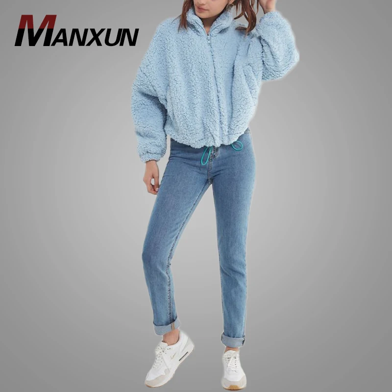 Latest Winter Drawstring Thicker Teddy Coat Women Zipper up Sky Blue Faux Fur Jacket