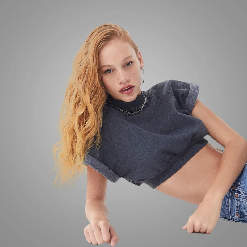 Wholesale Recycled Roll Sleeve custom Cropped Sweatshirt Women Blank Crewneck Sweatshirt Women