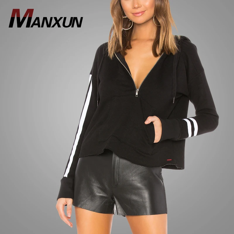 Hot Sell Half Zip Up Women Sweatshirt Hoodie Custom Striped Sleeve Women Cropped Sweatshirt Sexy