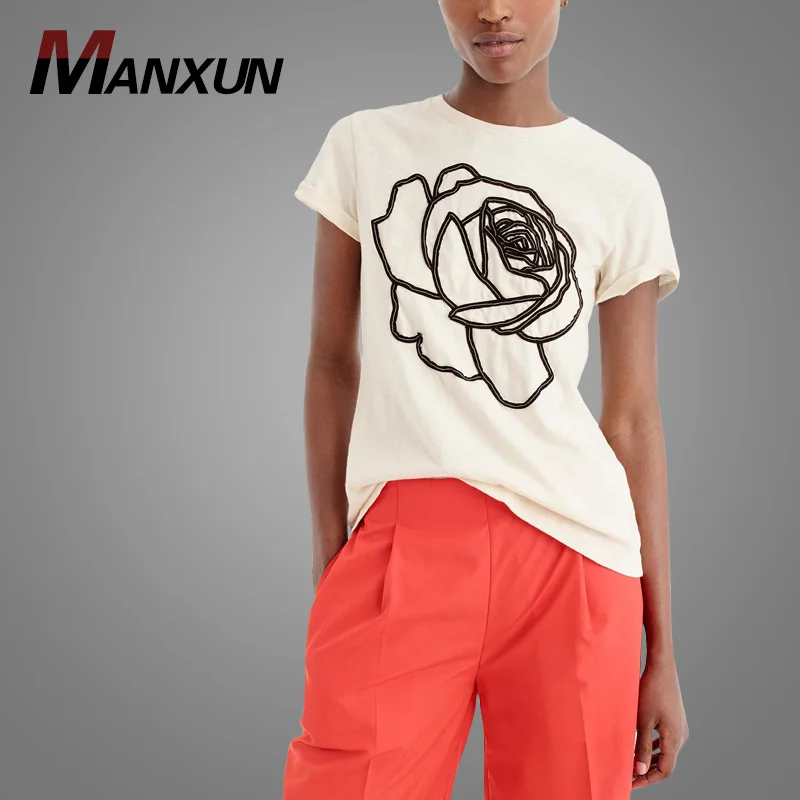 Embroidered Rose T-shirt Women Custom t shirt China Wholesale Clothing tshirt
