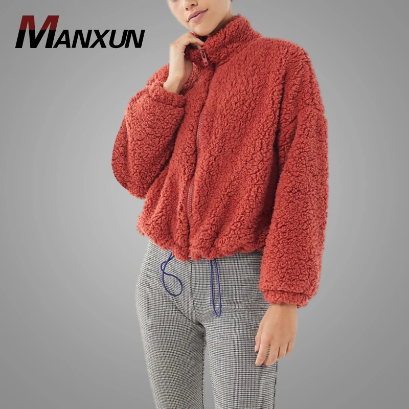 Wholesale Crop Drawstring Teddy Jacket Women Stand Collar Burgundy Solid winter jacketss for Women