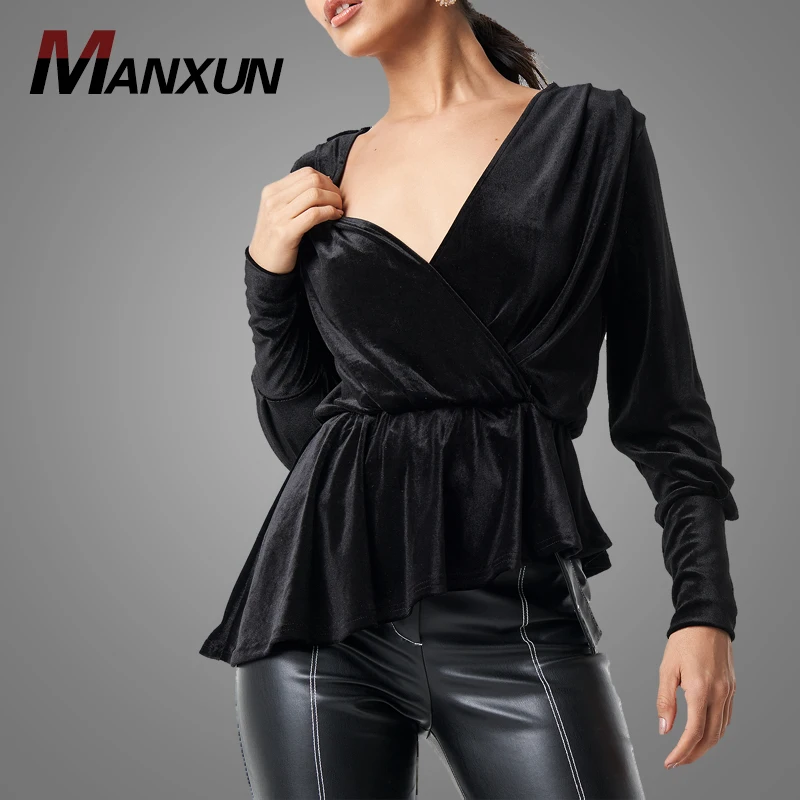 Wholesale Cheap Velvet Ruffle Lady Blouse Long Sleeve Black Blouse Top 2018