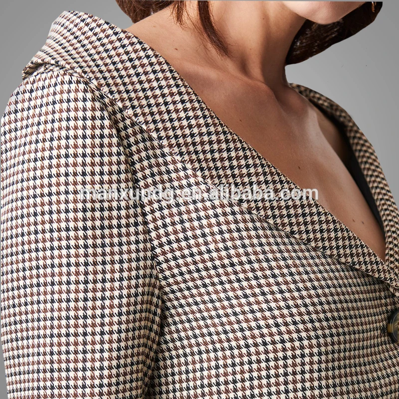 New Arrival Stylish Good Quality Women Casual Plaid Checked Blazers Sexy Off Shoulder Beige Button Front Blazer Jacket Blazer 3