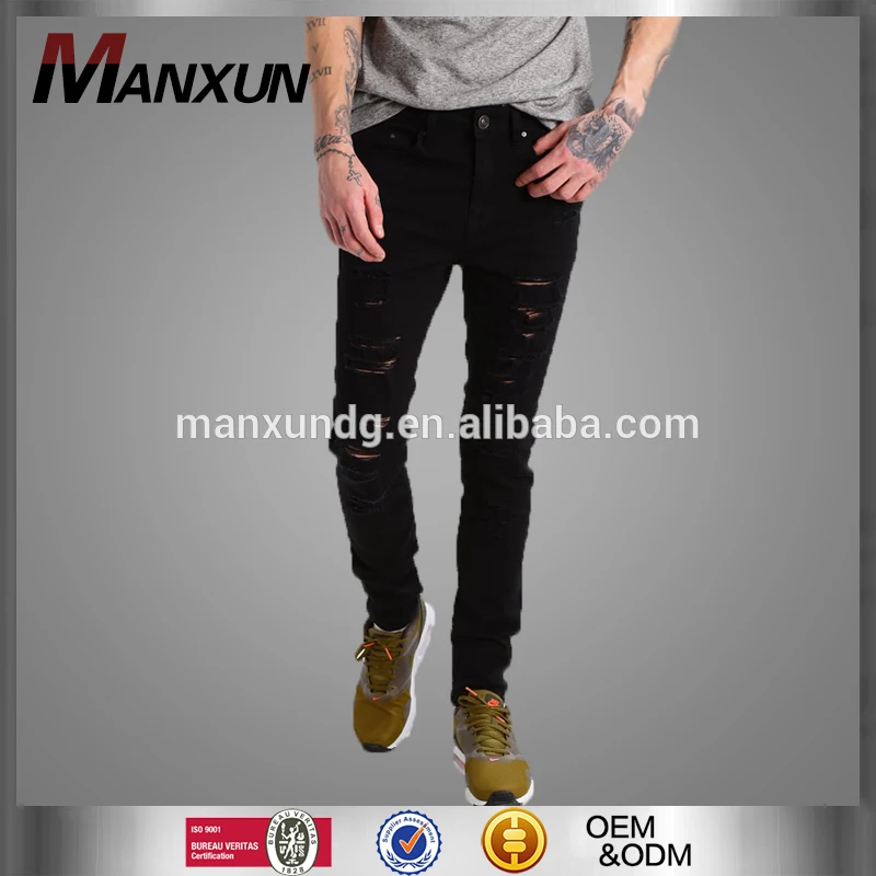 2017 Custom Top Fashion Black Pants Men Chinos Broken Hole Jeans Denim Trouser For Boy Casual Pants