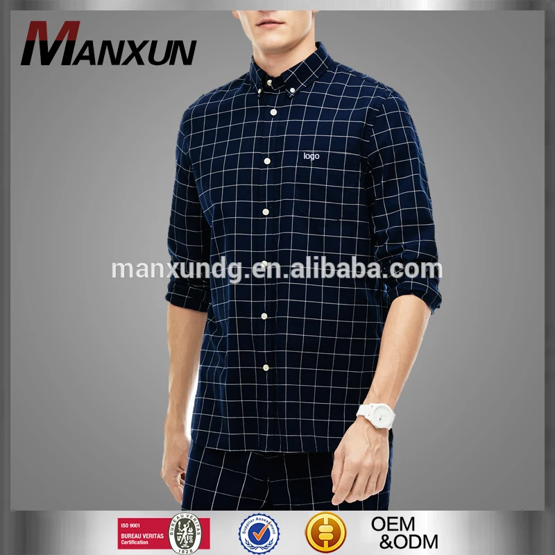 High Quality Custom Slogan Cheap Men's Shirt Navy Blue Check Grid Formal Trendy Plaid Shirt For Men