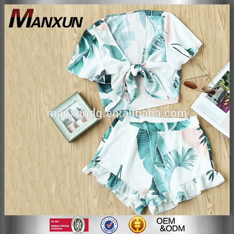 Newly Designed Beautiful Printed Ladies Summer Clothing Two Pieces SetsTropical Print Knot Front Blouse And Shorts Set