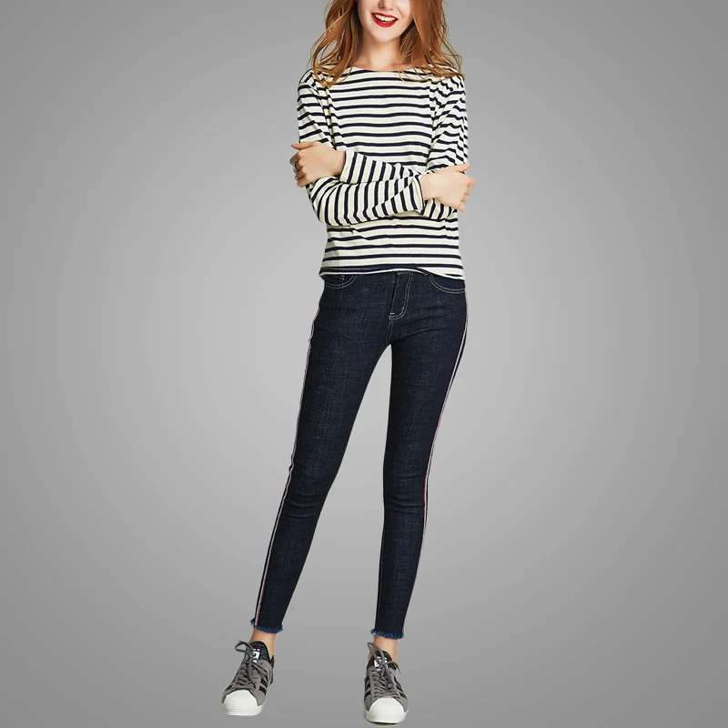 China O-neck Black and White Striped Womens T-shirt Long Sleeve Slim Fit Cotton T-shirt Women 2018 3