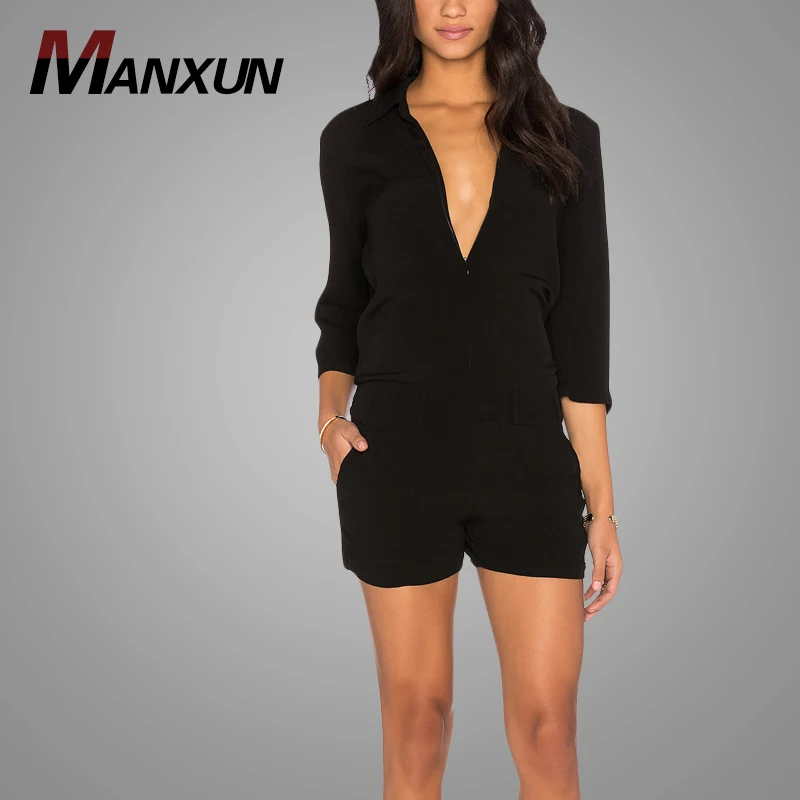Wholesale Custom Latest Design Jumpsuit Women Black Zipper Sexy Jumpsuit Short Sleeve Romper Jumpsuits