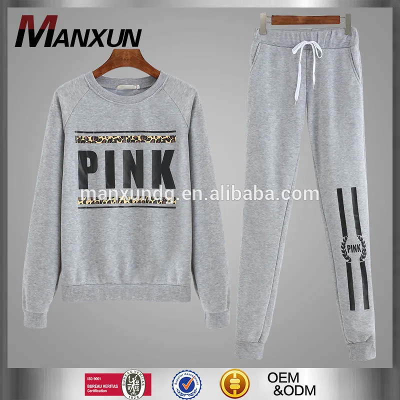 High Quality Grey Round Neck Letters Print Tracksuit Cotton Sportsuits for Ladies Sportswear