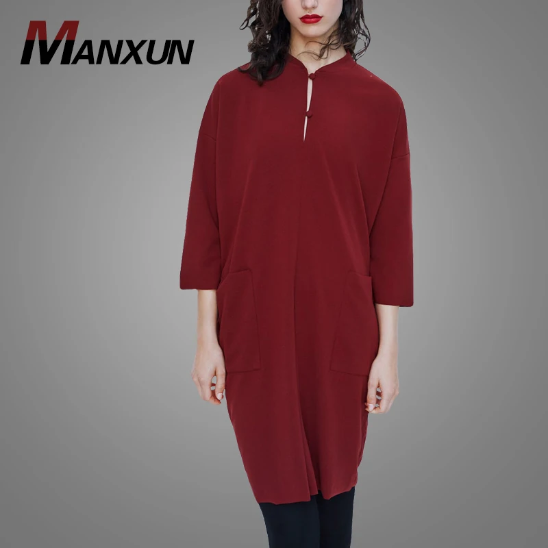 2019 New Arrivals Chinese Mandarin Collar Tuxedo Shirt Dress Tunic Dress With Pockets
