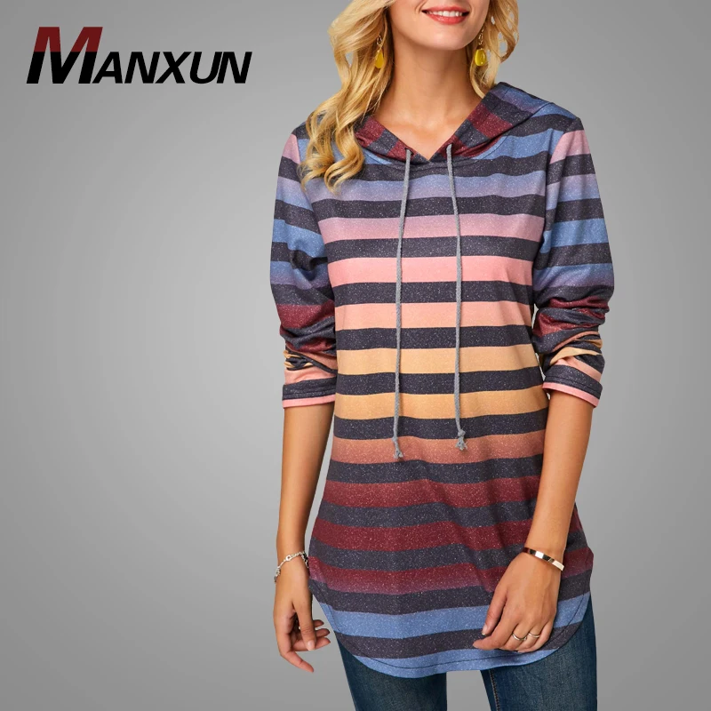 Wholesale Long Sleeve Dolphin Hem Multicolor Striped Hoodie Pullover Women Hoodies Hoody Sweatshirt