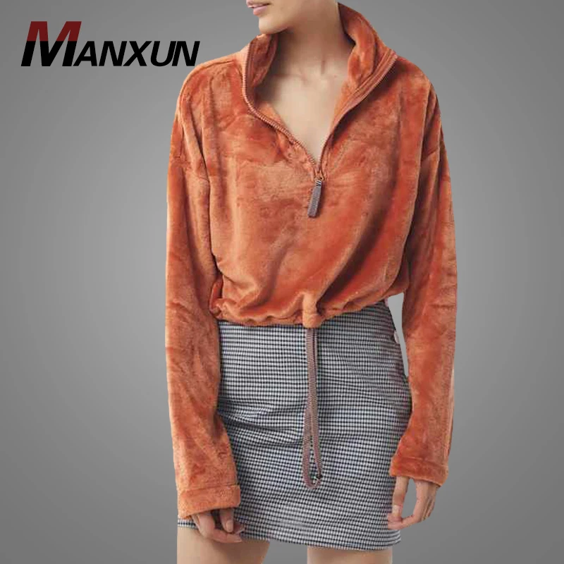 Wholesale Custom Logo Design Women Blank Oversized Velour Velvet Hoodies Sweatshirt Fashion Half Zip Fleece Streetwear Hoodies