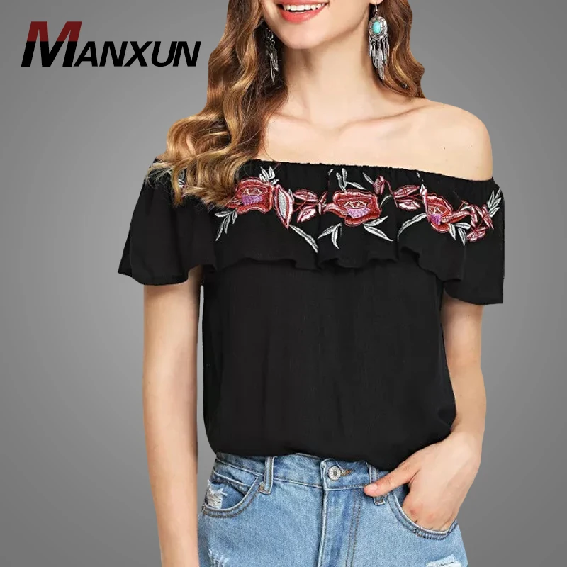 Wholesale Fashion Lady Flower Embroidery Off The Shoulder Tops Blouse