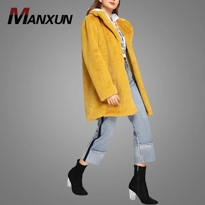 Latest Design Yellow Collar Faux Fur Teddy Women Coat Long Winter Ladies Coat 2018