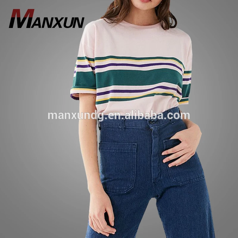 OEM Service Drop Shoulder T shirts Women With Custom Logo Striped Tee Shirt Short Sleeve Oversized T Shirt