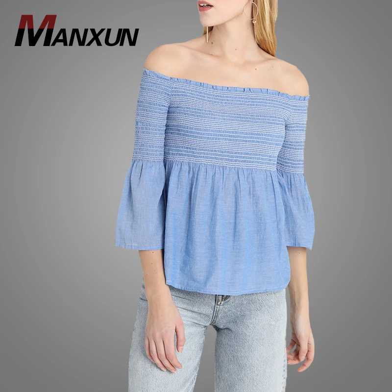 Hot Selling High Quality Long Sleeve Cotton Solid Color Blouse  New Model Off The Shoulder Blouse Tops Women 2018