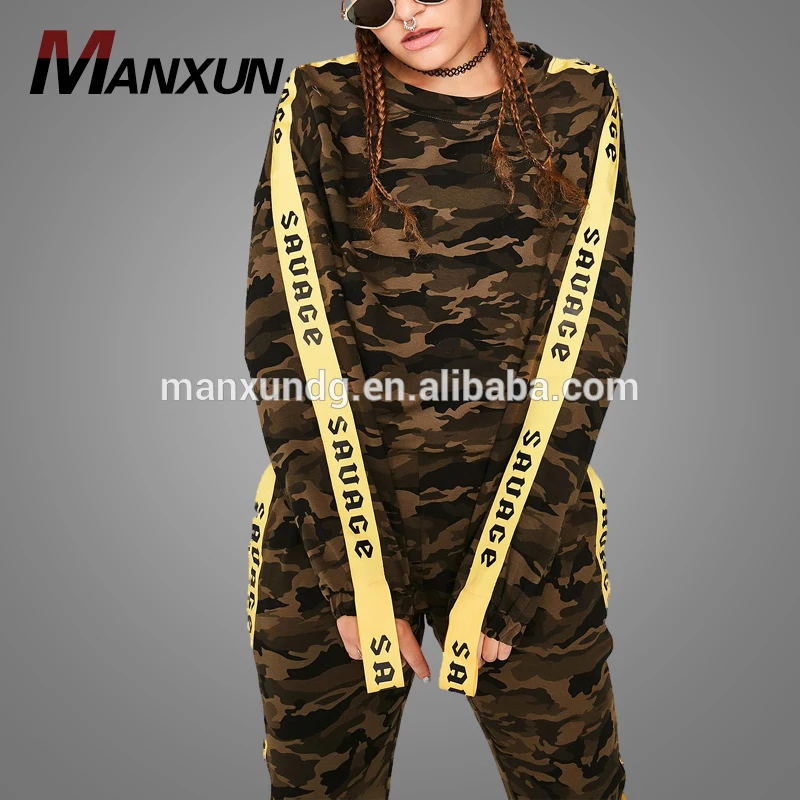 Custom Camo Sweatshirt Sport Ladies Tracksuit Slim Women Tracksuit Stripe On The Sleeve 2018