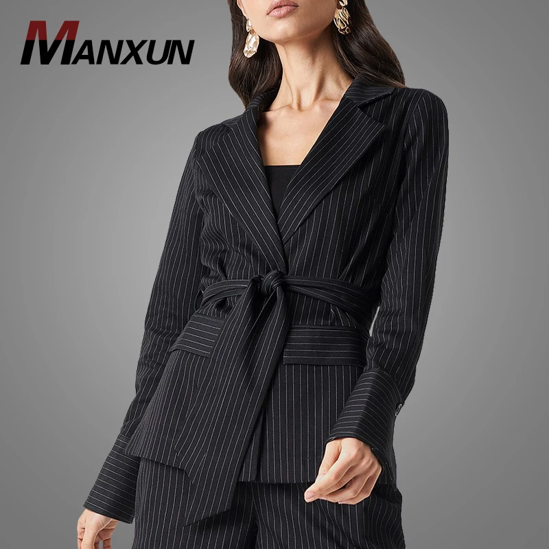 New Arrival Winter Fashion Women Striped Cotton Long Sleeve Blazer Jacket Oversized Striped Formal Office Blazer With Belt