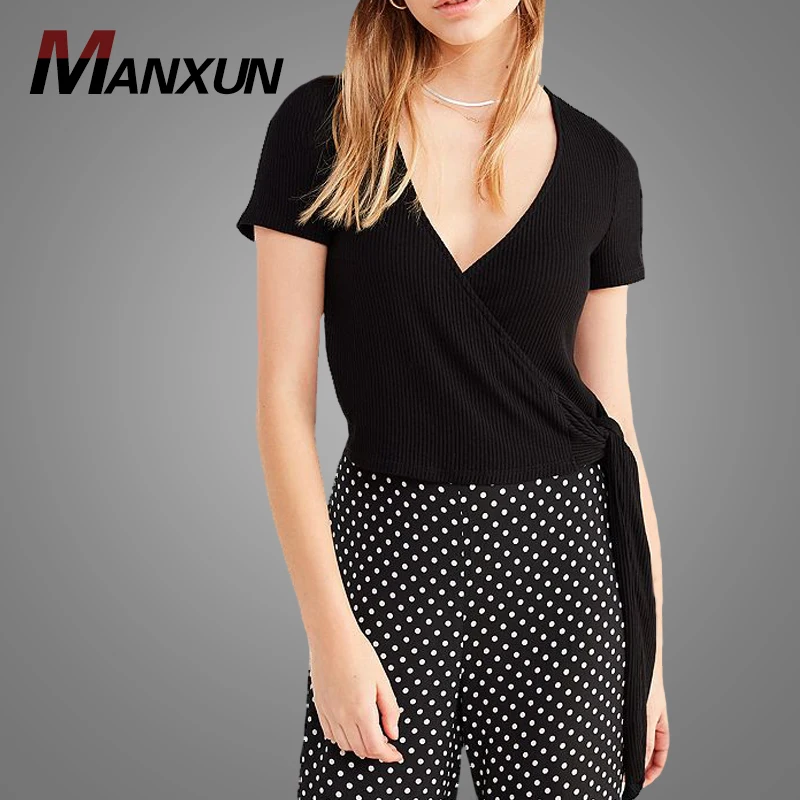 Custom Made Hot Selling Short Sleeve Blouse Sexy Deep V Neck Womens Tops Blouse