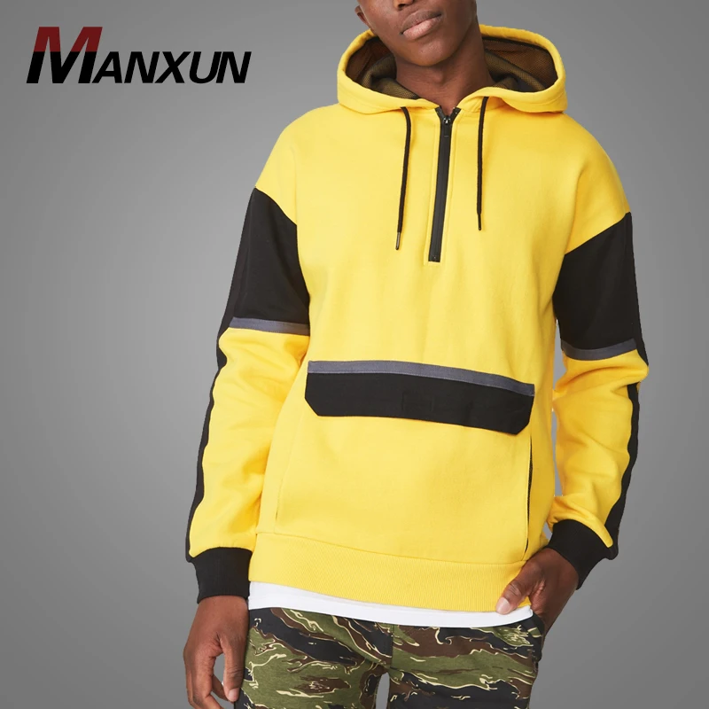 Wholesale China Drop Shoulder Pullover Fleece Hoodie ColorBlock Yellow And Black Streetwear Mens Hoodies