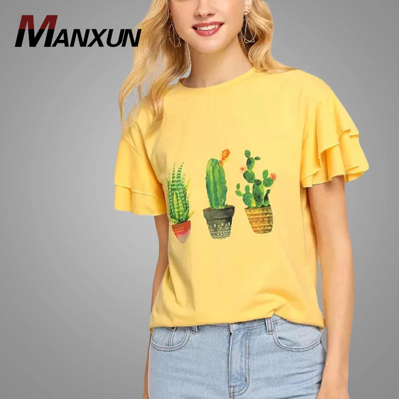 Latest Custom Women Butterfly Sleeve T shirts Printing Round Neck Tee Wholesale Cotton Tshirt Ladies