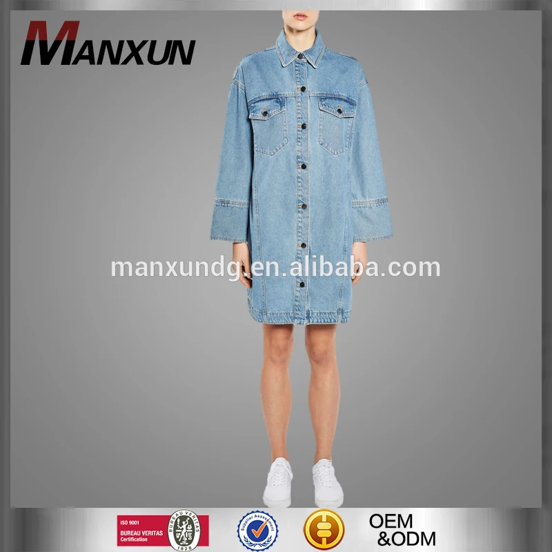 Woman Fashion Long Sleeve Ladies Apparel Demin Shirt Dress Coat Deep Cuff Denim Clothing Dress By Jean Jacket