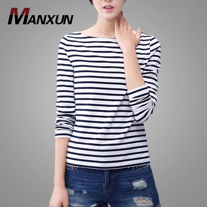 2018 Autumn New Korean Style Round Collar Loose Thin Striped T-shirt Long Sleeve Base Shirt Women