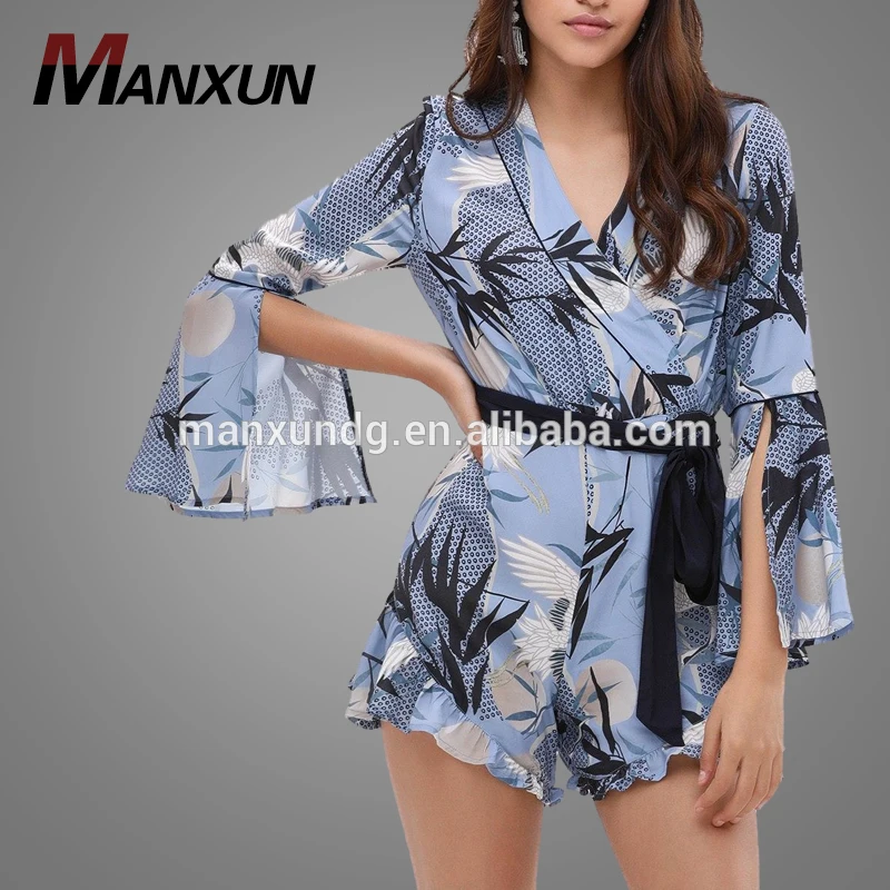 Wholesale Chiffon Floral Printing Wrap Short Playsuit Ladies 2018