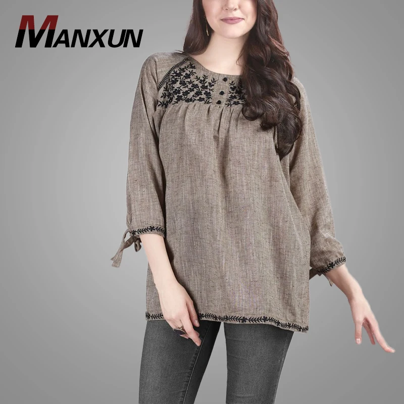 Cotton Linen Oversized Brown Embroidered Tops Women Summer Three-quarter Sleeve Pullover Blouse 2019