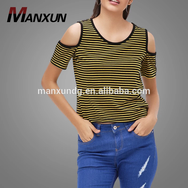 New Arrival Striped Cold Shoulder Top Short Sleeve Ladies T Shirt 2018