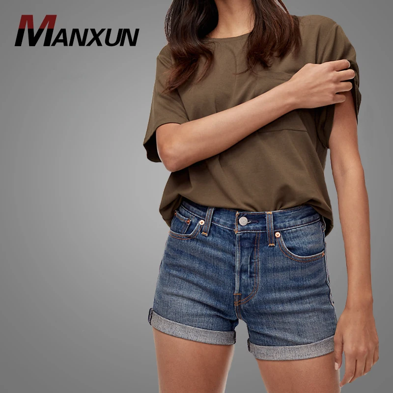 China Factory Supply Washed Women Pants Hotsale Blue Ladies Denim Shorts High Waist Casual Jeans