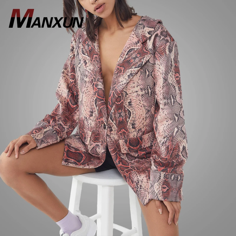 Latest Design Snake Print Relaxed Blazer Lady Waterproof Jacket Deep V-neck Sexy Jacket Women