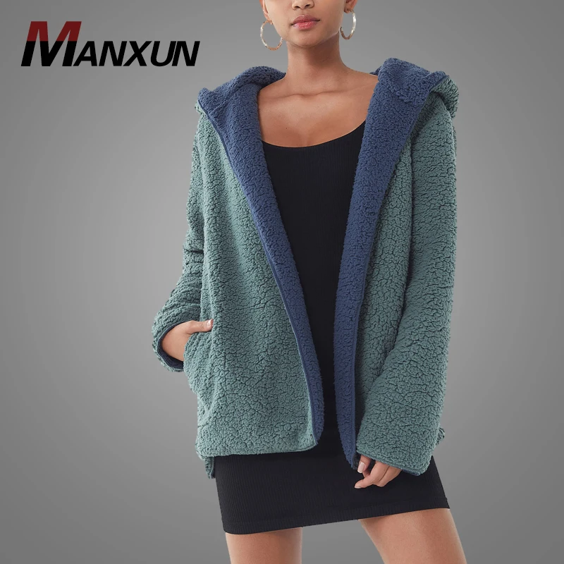 Custom Design Cheap Sherpa Fuzzy Reversible Jacket Winter Oversized Coat Women