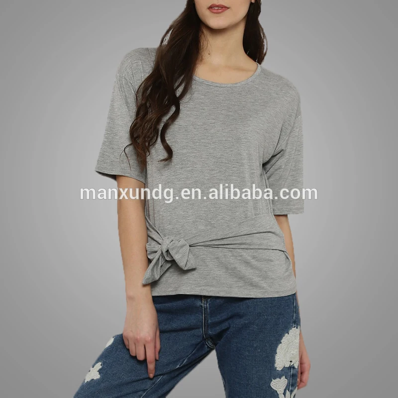 Custom Waist Belt Design Woman T Shirt Round Neckline Cotton Short Sleeve Tshirt For Ladies