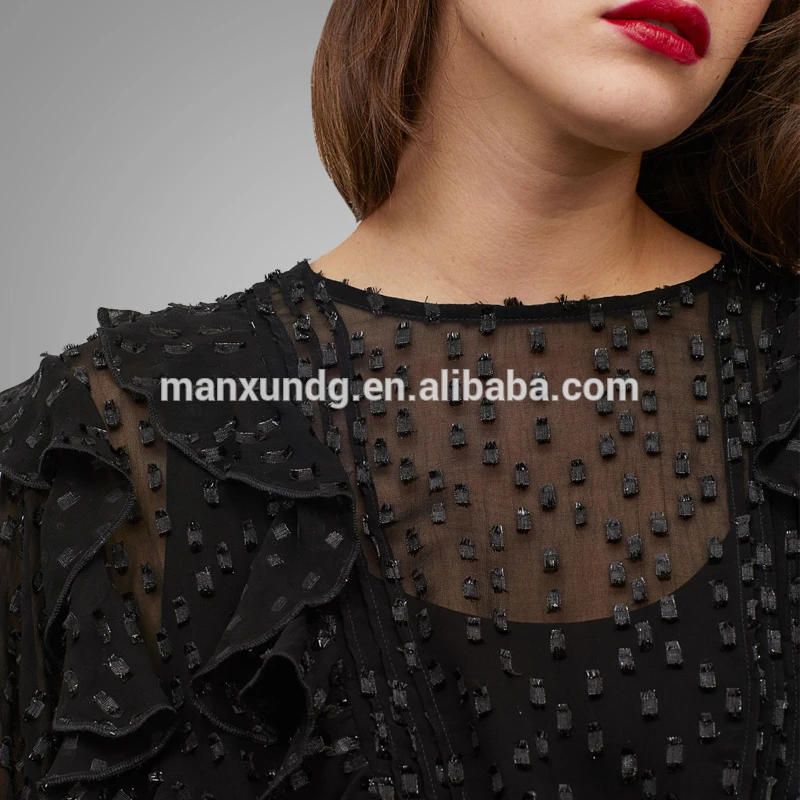 Dongguan Wholesale Clothing Women Fashion Long Sleeve Flounce Blouse Sexy Sheer Stretch Mesh Blouse Wholesale 3