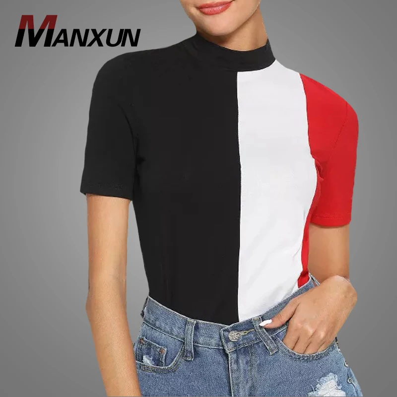 2018 High Quality Custom 100% Cotton Women Tshirt Wholesale Colorblock T Shirts