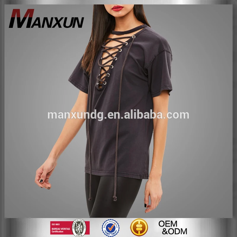 Cheap Latest Design Fashion Ladies T Shirt Black Plain Front Lace Up Tshirt For Women 2017