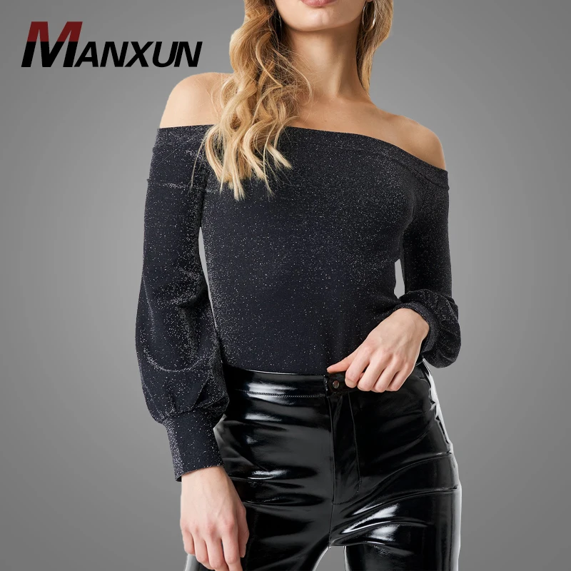 High Quality Women Casual Off The Shoulder Shiny Sequin Blouse Tops 2018