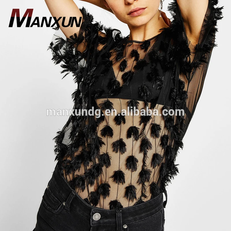 China Import Woman Clothing Sublimation T Shirts With Pompoms Tulle T-Shirt Made In China