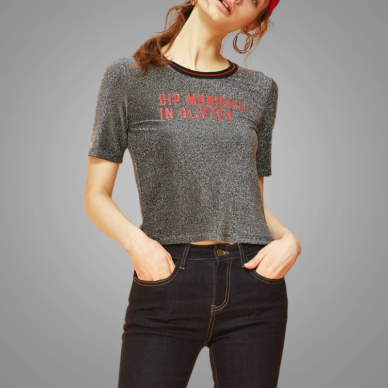 Fashion Letters Printing Side Slit Design Women T-shirt Reflective Fabric Slim Fit Crop T-shirt for Ladies Girls
