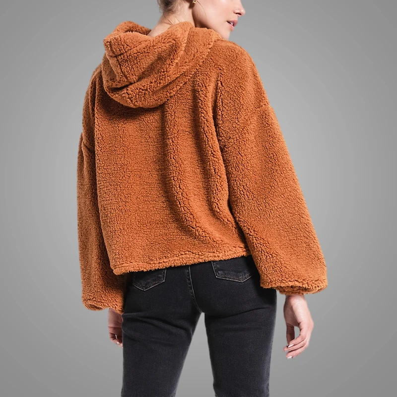 Newest Casual Coffee Womens Faux Fur Soft Sherpa Hoodie Women Teddy Elastic Cuffs Oversized Sweatshirt 9