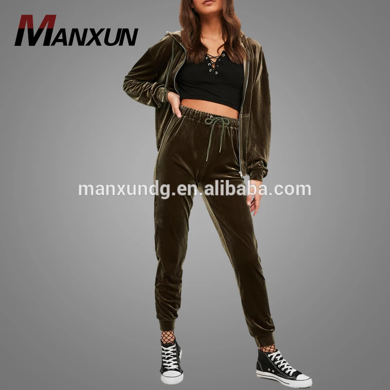 Wholesale Fashion Khaki Velour Cardigan Sweat Suit Ladies Classic Casual Plain Hoodies Tracksuit 2017