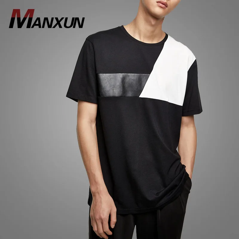 Top Fashion Contrasting Tshirt Short Sleeves Faux Leather Trims Wholesale Rock TShirts Men T shirt