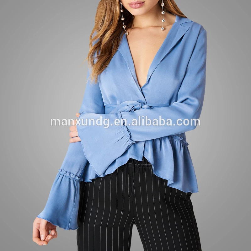 Factory Direct Wholesale Cheap Women Plain Long Sleeve Frill Blouses Sexy Deep V Neck Tie Waist Satin Blouse Tops