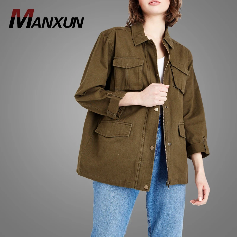 2018 Wholesale Casual Pure Color Women Coat New Look Multiple Pockets Long Sleeve Jacket With Buttons
