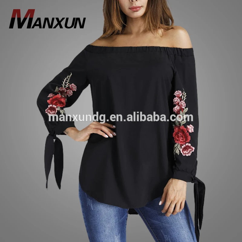 Hot Sale Off Shoulder Ladies Tops Latest Design Embroidered Appliques Blouse